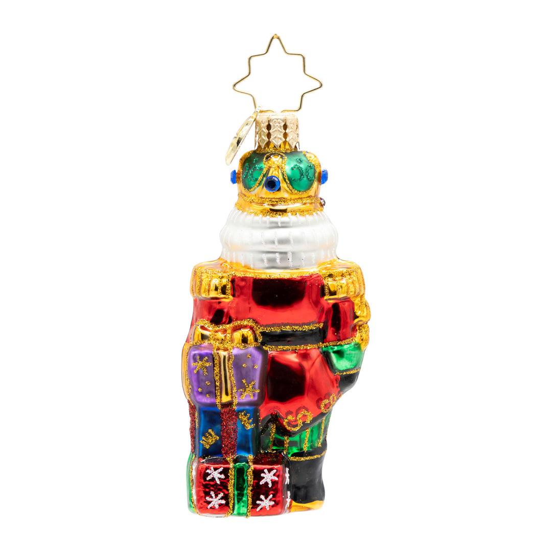 Yuletide Sentinel Gem nutcracker glass ornament with glitter accents and gift boxes.