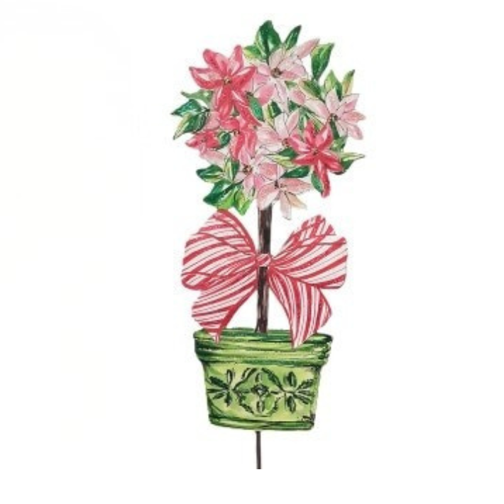 Traditional Tidings Topiary with pink and red flowers, a striped bow, and a green decorative pot.