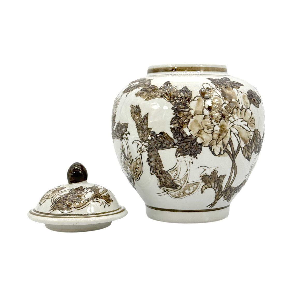 10-inch brown and white chinoiserie ceramic urn style jar with floral design and matching lid.