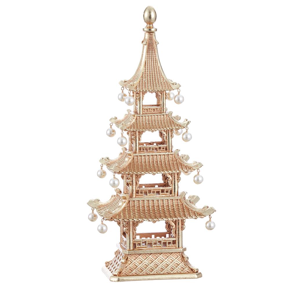 16-inch gold resin pagoda figurine with hanging white pearl accents on each roof tier.
