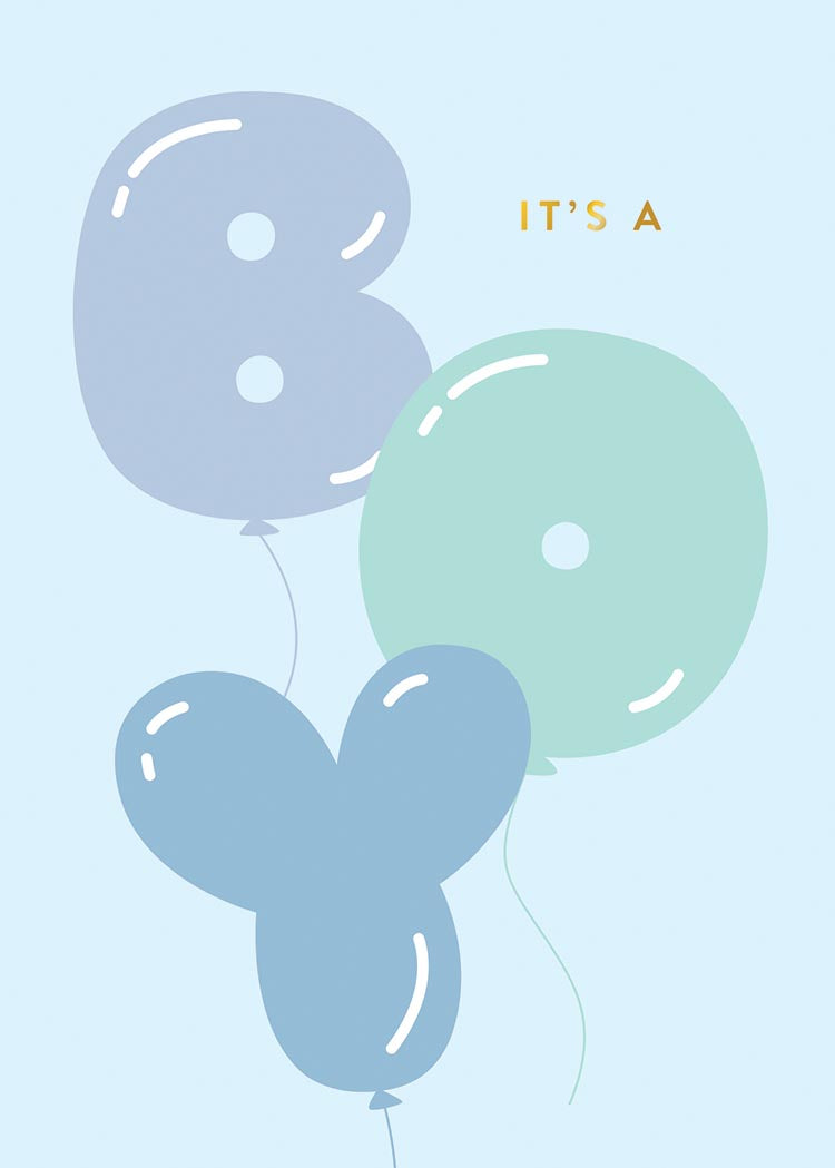 Boy Jump for Joy Greeting Card with blue and green balloons spelling BOY and text IT'S A.
