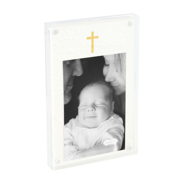 Acrylic picture frame with a clear rectangular opening holding an 8 by 5 inch photo.