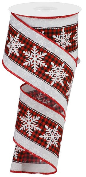 Decorative ribbon with red and black buffalo check center and white snowflake edges.