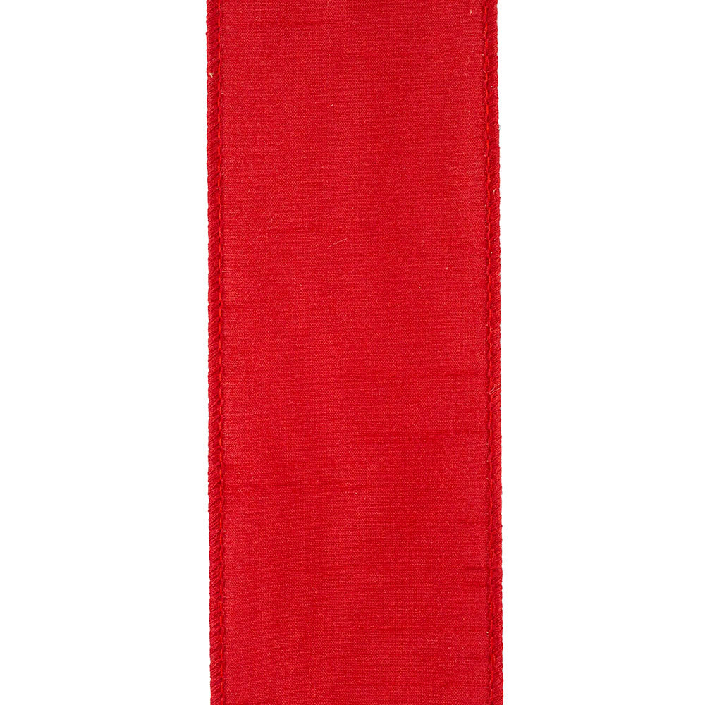 Close-up of a 2-1/2 inch red Dupioni Supreme wired edge ribbon with a textured silk-like finish.