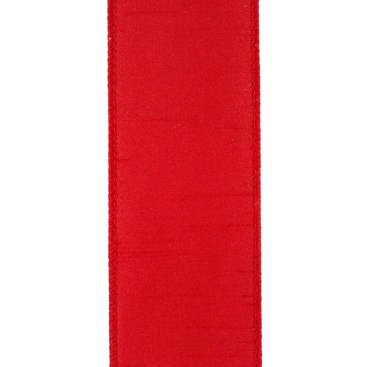 Close-up of a 2-1/2 inch red Dupioni Supreme wired edge ribbon with a textured silk-like finish.