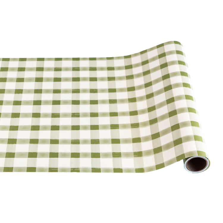 Moss painted check runner rug with recycled content