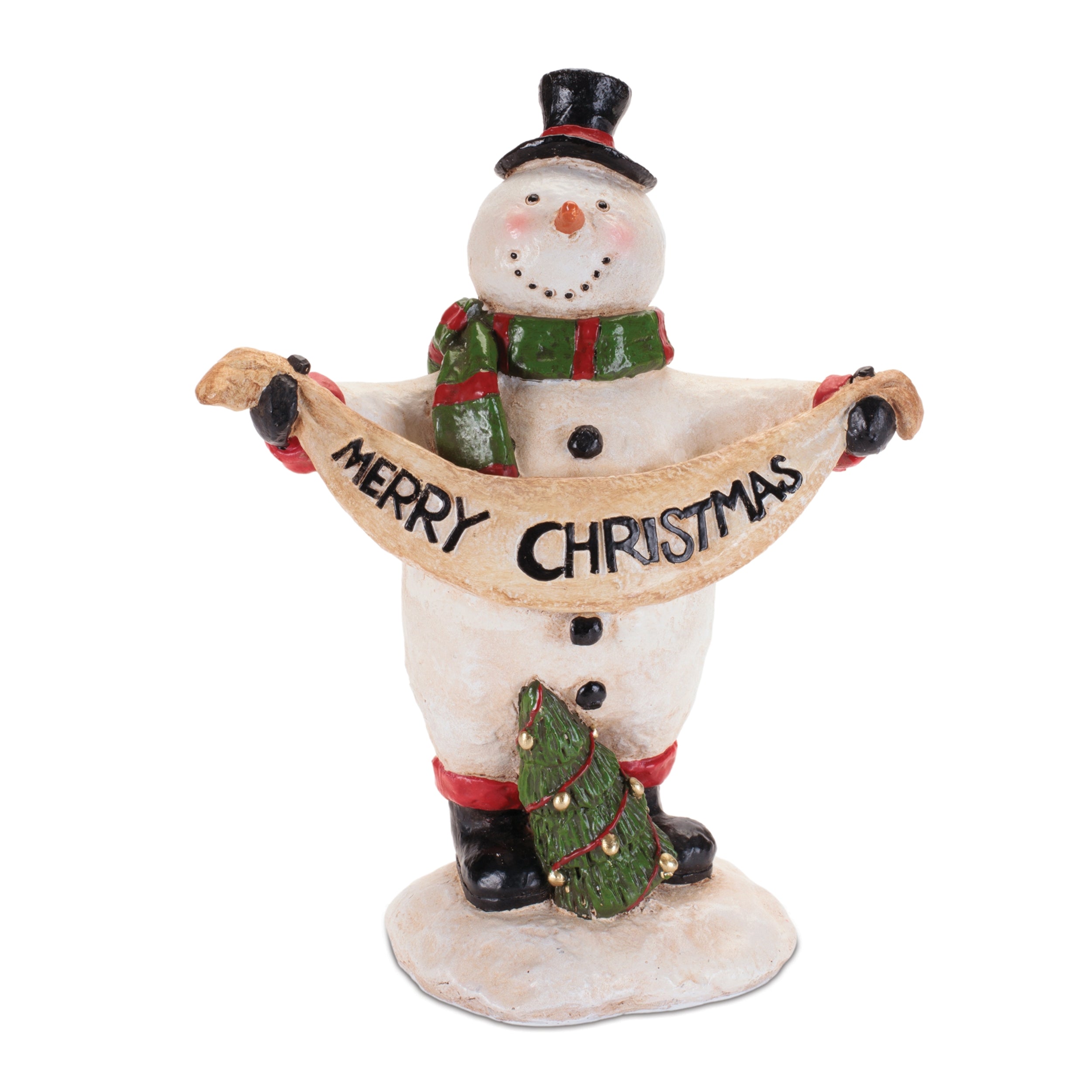 8.75-inch resin snowman figurine standing beside a small tree.