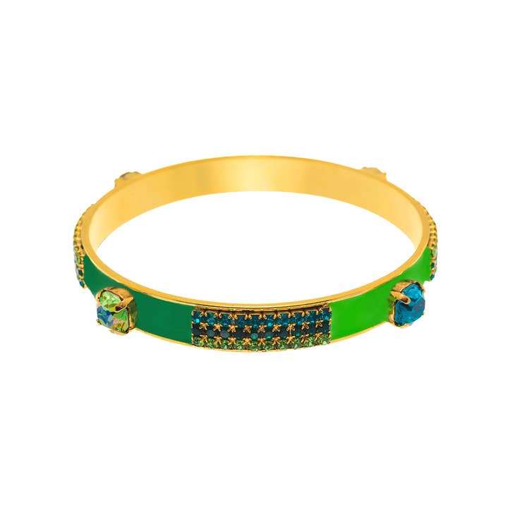 Antique gold brass bangle hand-painted with colorful enamel accents featuring high-quality crystals