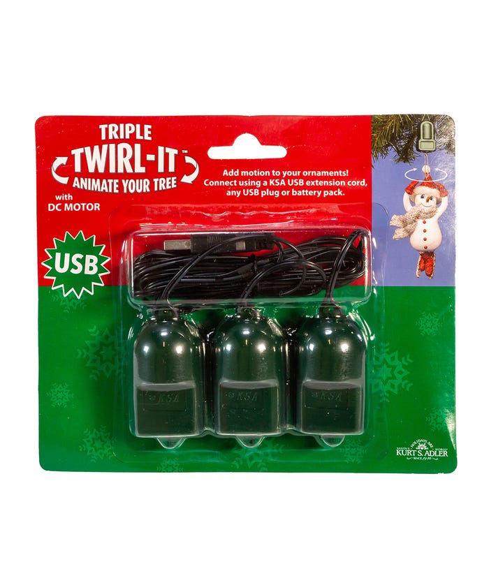 USB Twirl-It Triple Ornament Spinner with DC motor in red and green retail packaging.
