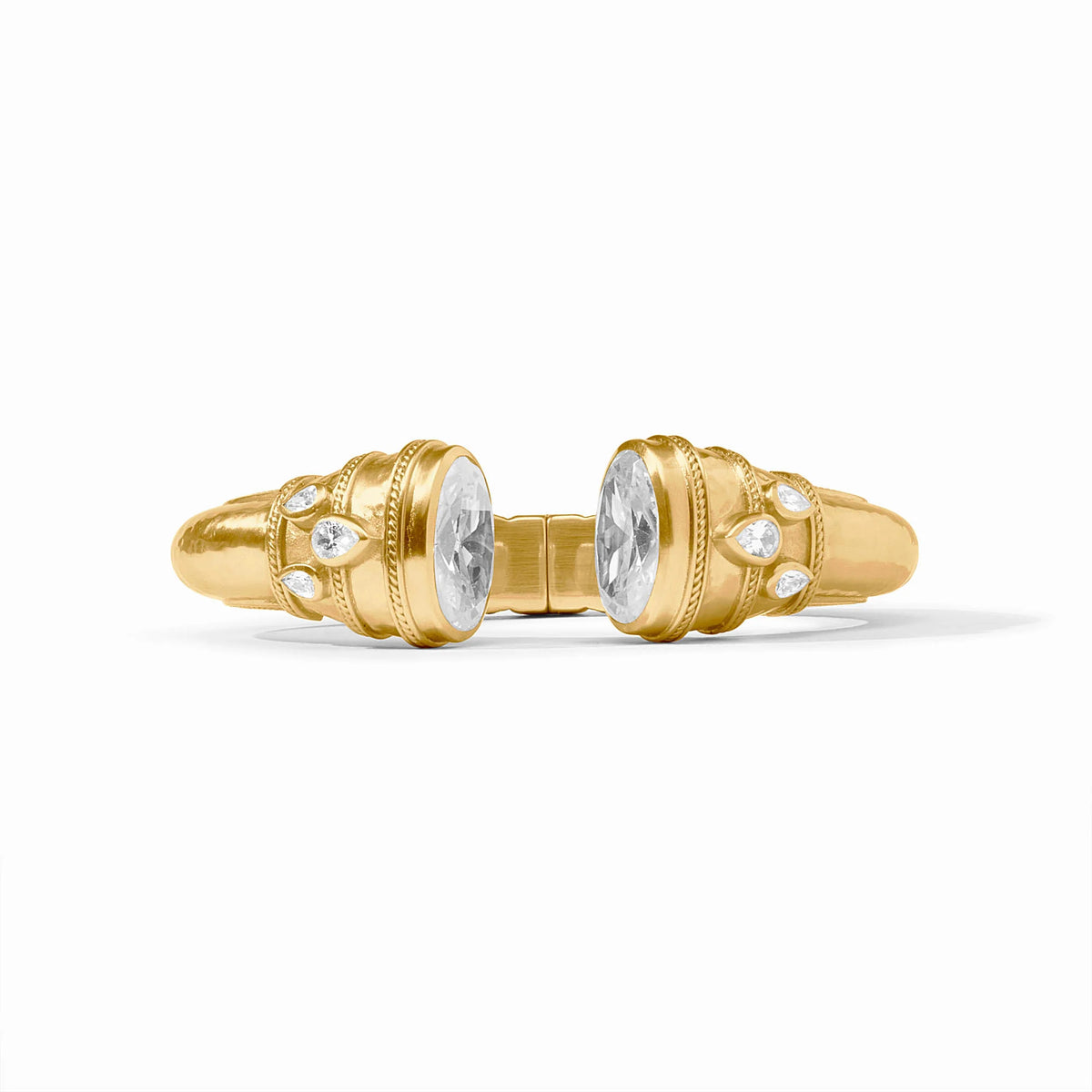 Cannes Cuff in 24K gold plate featuring two large oval glass stones and small crystal accents.