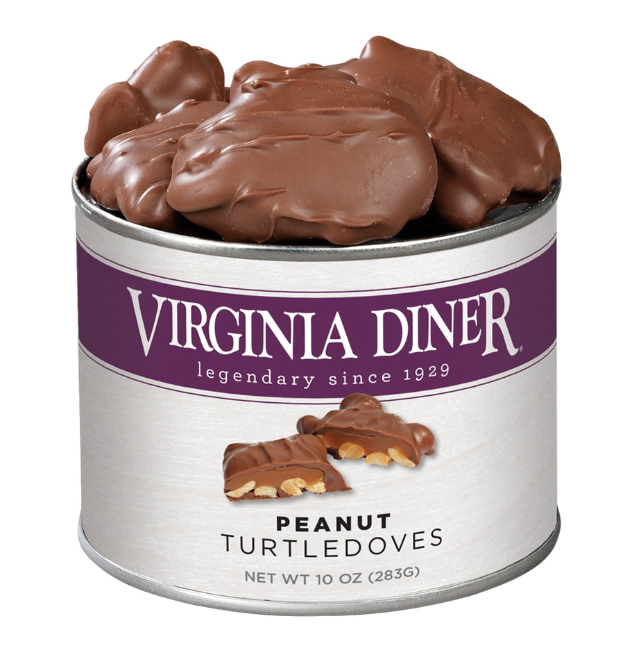 Virginia Diner 10 oz tin of Peanut Turtledoves, chocolate-covered caramel and peanut clusters.