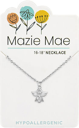 Silver CZ Angel Mazie Mae necklace featuring a small angel pendant with clear cubic zirconia stones on a delicate chain.