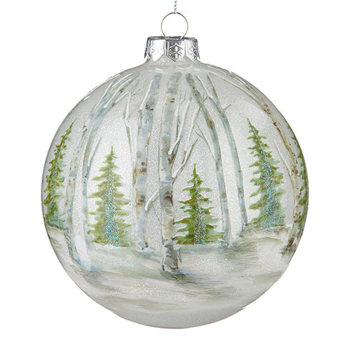 5-inch glass ball ornament featuring a hand-painted winter birch forest scene with evergreen trees.