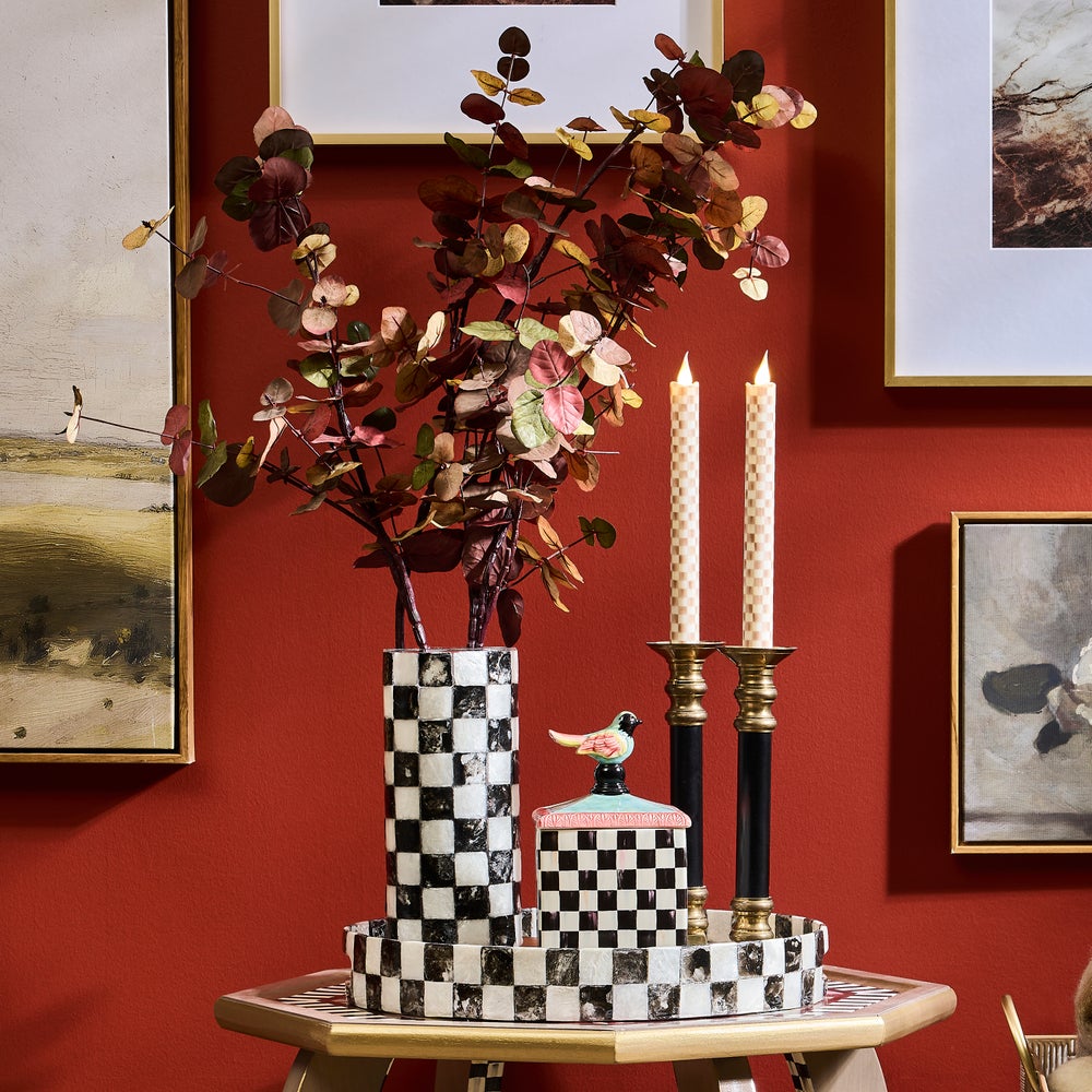 Capiz shell vase with glass base featuring a courtly check pattern in neutral tones.