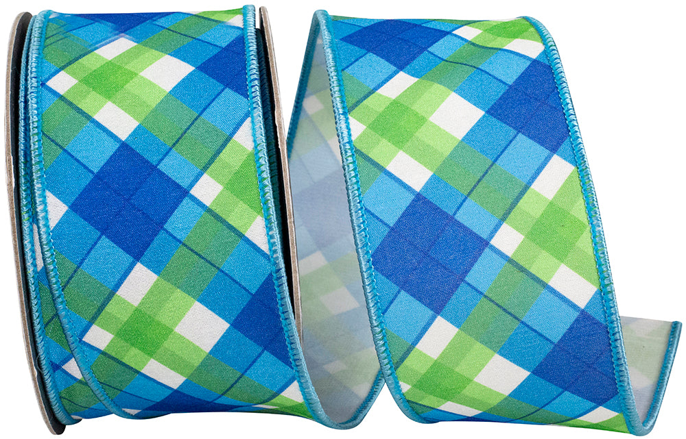 Plaid Seaway Deluxe Backed Wired Edge Ribbon in blue, green, and white diagonal check pattern.