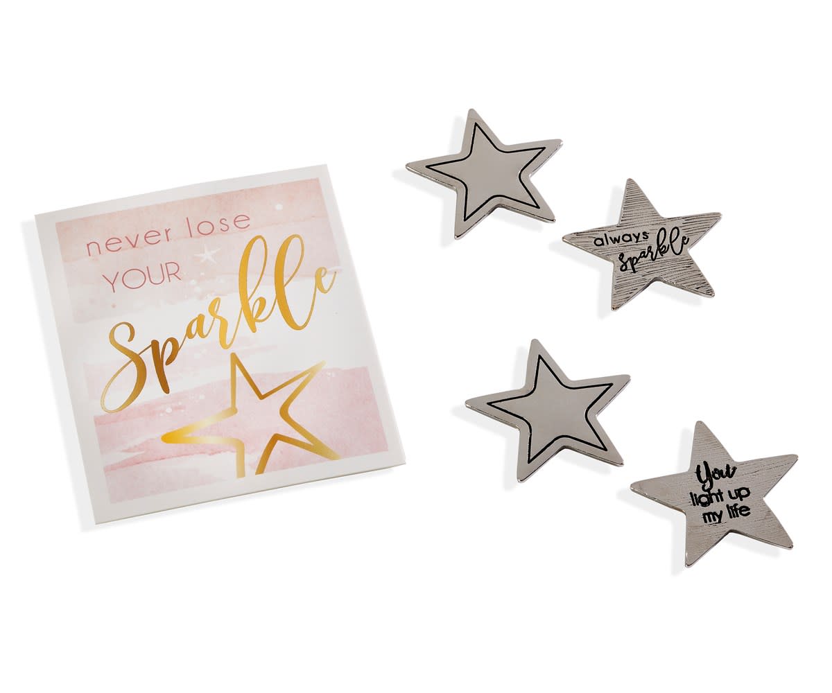 Set of four star-shaped tokens with inspirational quotes, including 'always sparkle' and 'You light up my life', next to a card that says 'never lose YOUR Sparkle'.