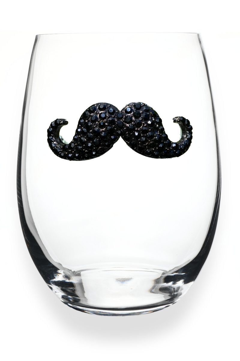Handcrafted stemless wine glass with jeweled embellishments around the rim in clear crystal.