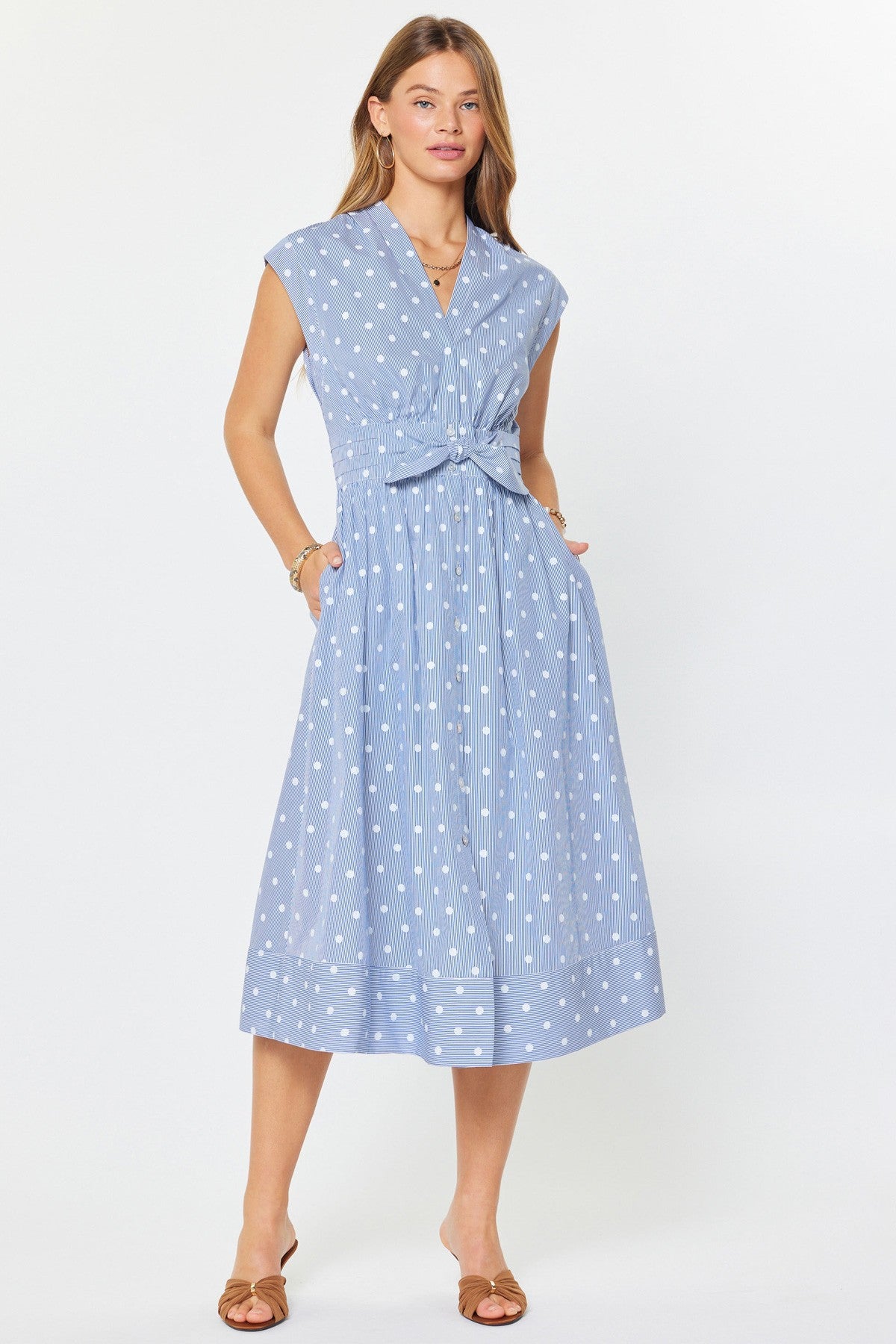 Audrey striped polka dot button-down midi dress with V-neck, short sleeves, and A-line silhouette.