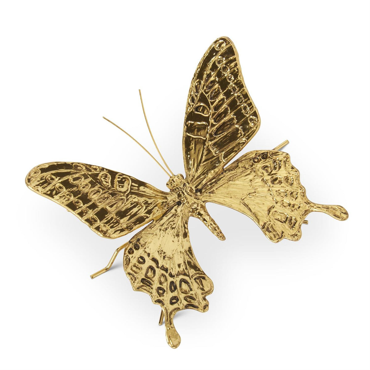 Gold alloy butterfly pendant with delicate wing patterns on a chain.