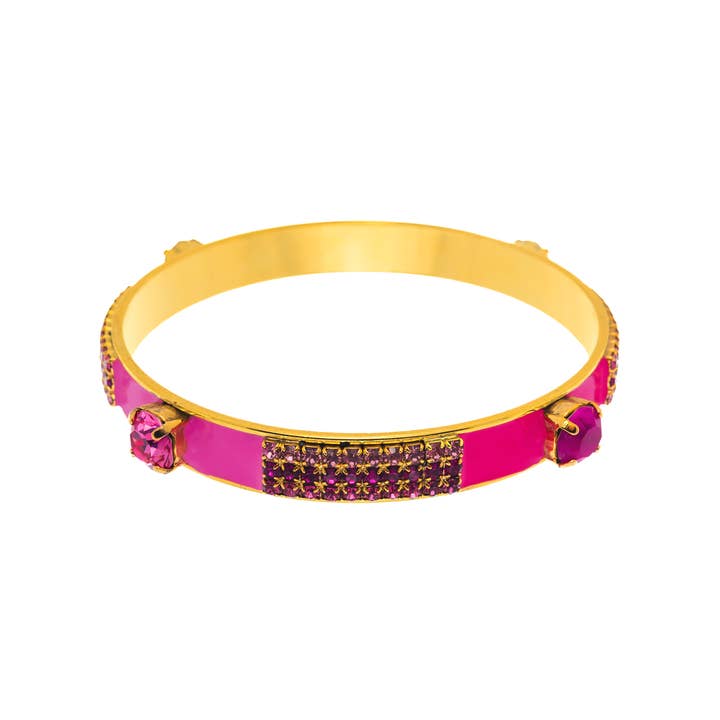 Antique gold brass bangle with colorful enamel hand painting and sparkling crystal accents.