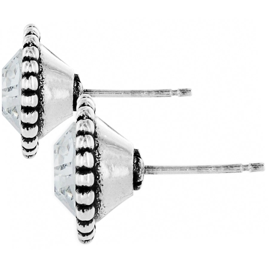 Silver plated post earrings with a flat disc back featuring fine quality crystal accents.