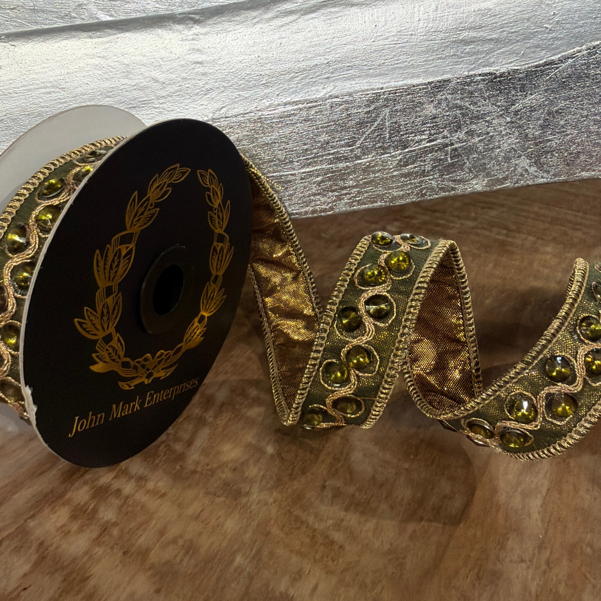 1x5yd olive metallic dupion ribbon with gold jeweled trim on a John Mark Enterprises spool.