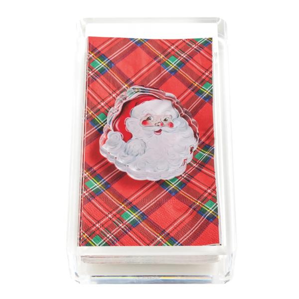Santa Tartan Guest Towel & Caddy Set with red plaid napkins and a Santa-shaped acrylic weight.