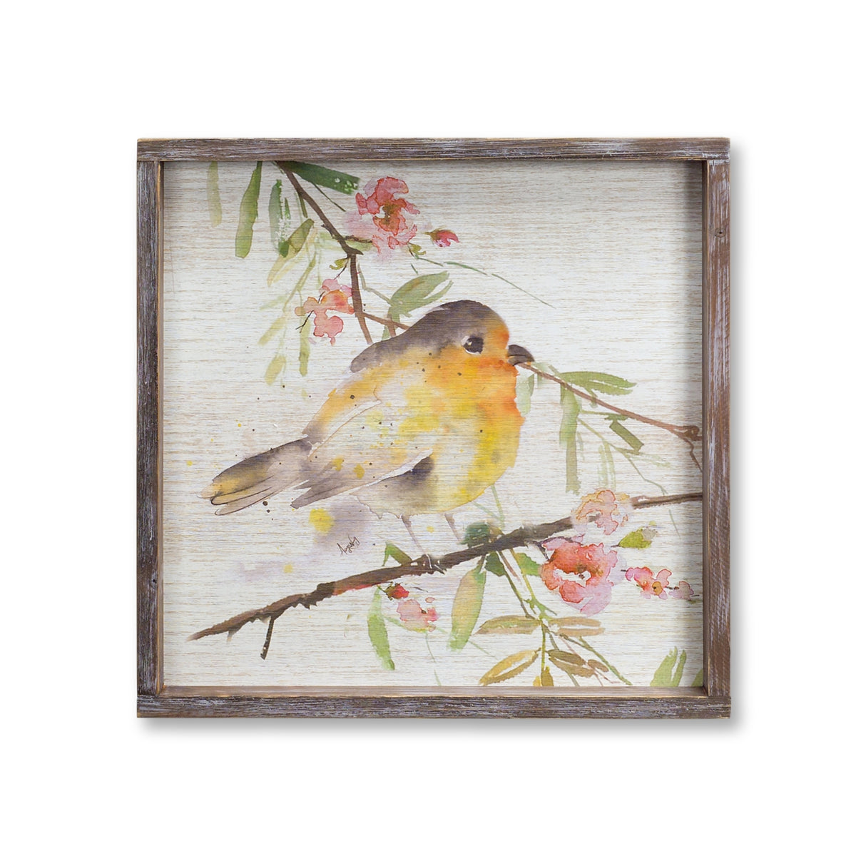 Square framed plaque featuring a bird silhouette on a light background.