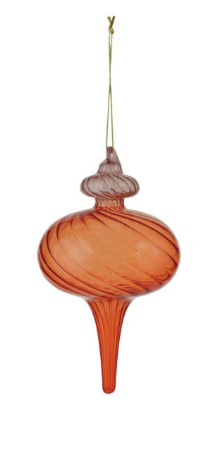 Two-tone glass finial ornament in orange and pink with a ribbed texture and gold hanging string.