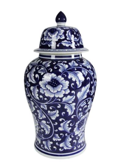 Medium Aline Ginger Jar featuring a blue and white floral porcelain design with a matching lid.