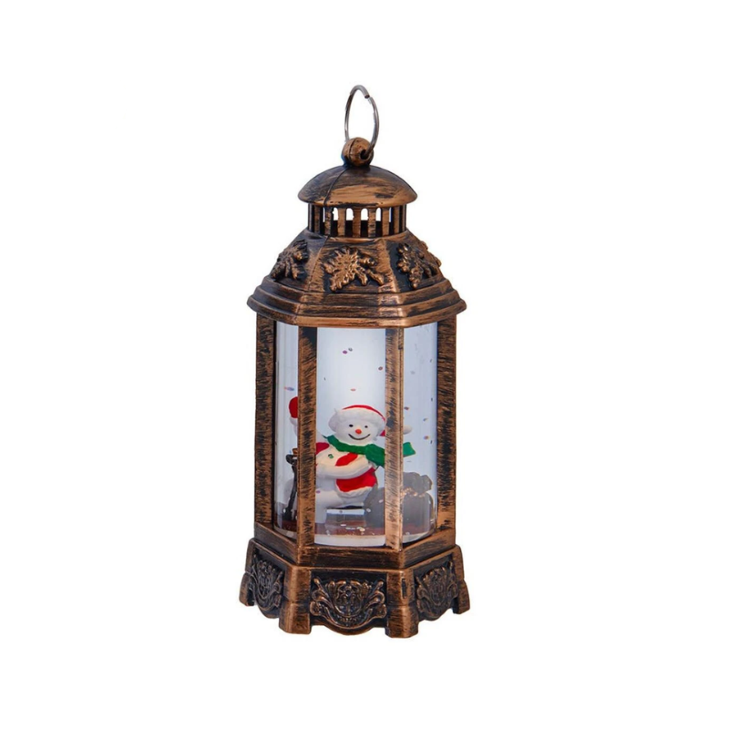 Bronze-finished LED lantern with a snowman figure inside, featuring festive holiday details.