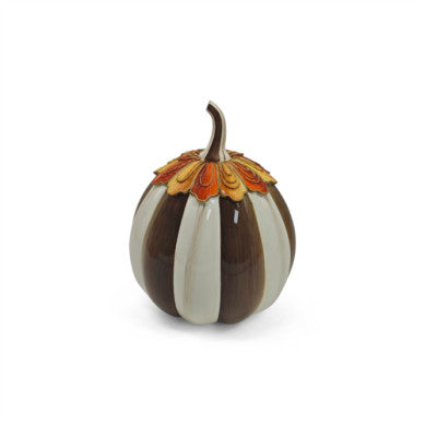 Harvest Glow chocolate stripe pumpkin in a glossy orange finish with dark brown vertical stripes.
