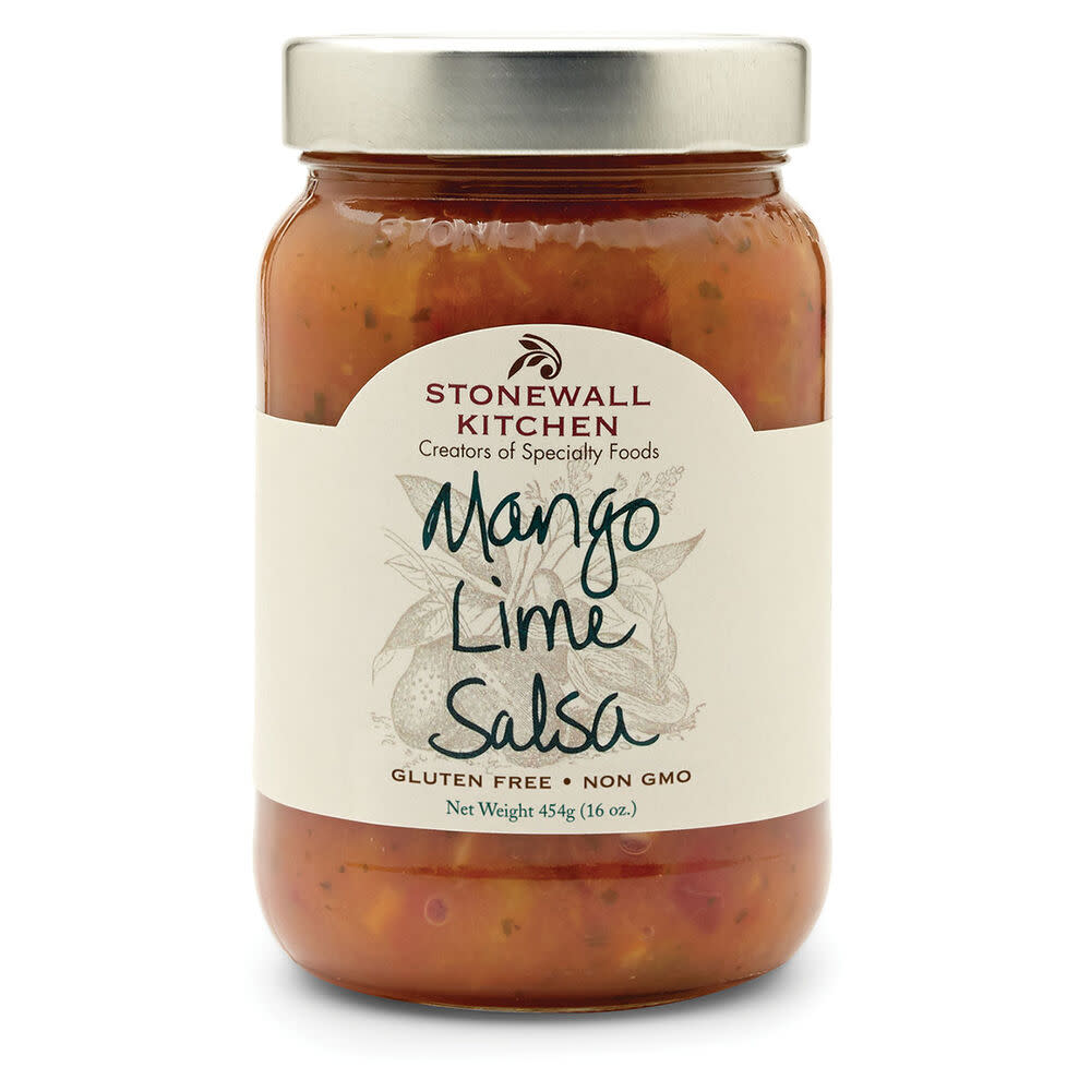 16oz jar of Stonewall Kitchen Mango Lime Salsa, gluten-free and non-GMO.
