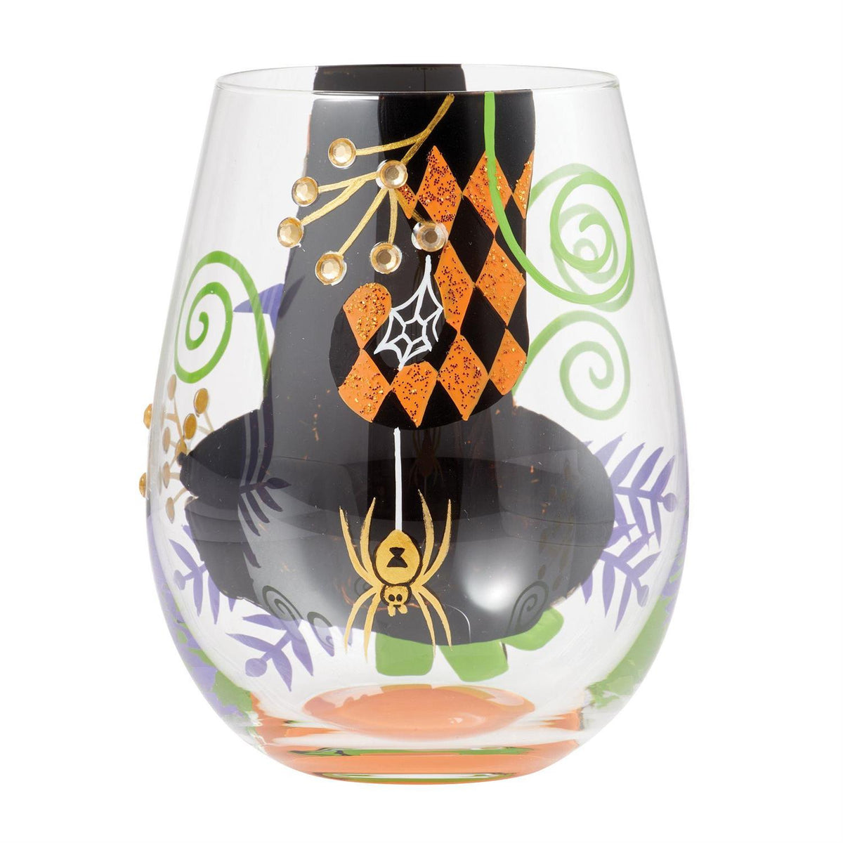 Stemless wine glass shaped like a black witch hat with white polka dots and red ribbon band.