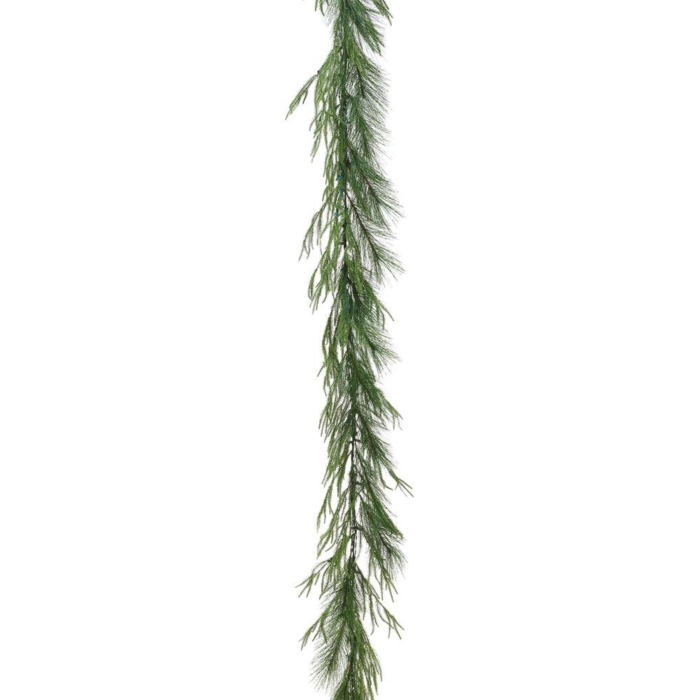 9-foot deluxe mountain pine garland with 63 green tips and 50 integrated LED lights.