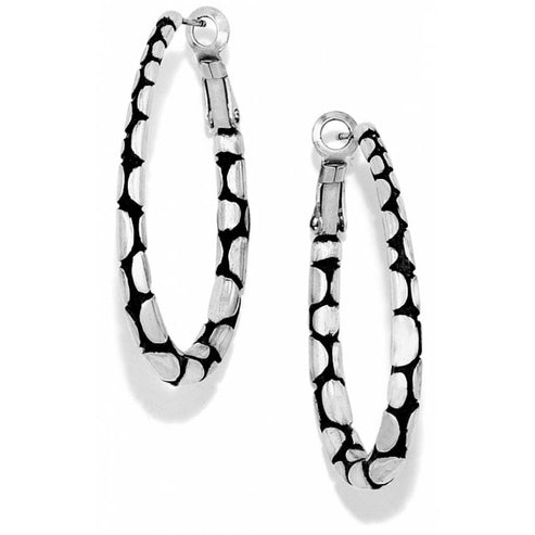 Silver plated Pebble Oval Hoop Earrings with a textured pattern and lever back closure.