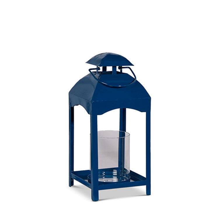 Blue glass lantern with iron frame measuring 6.25 inches wide by 6.25 inches deep and 13.75 inches tall.