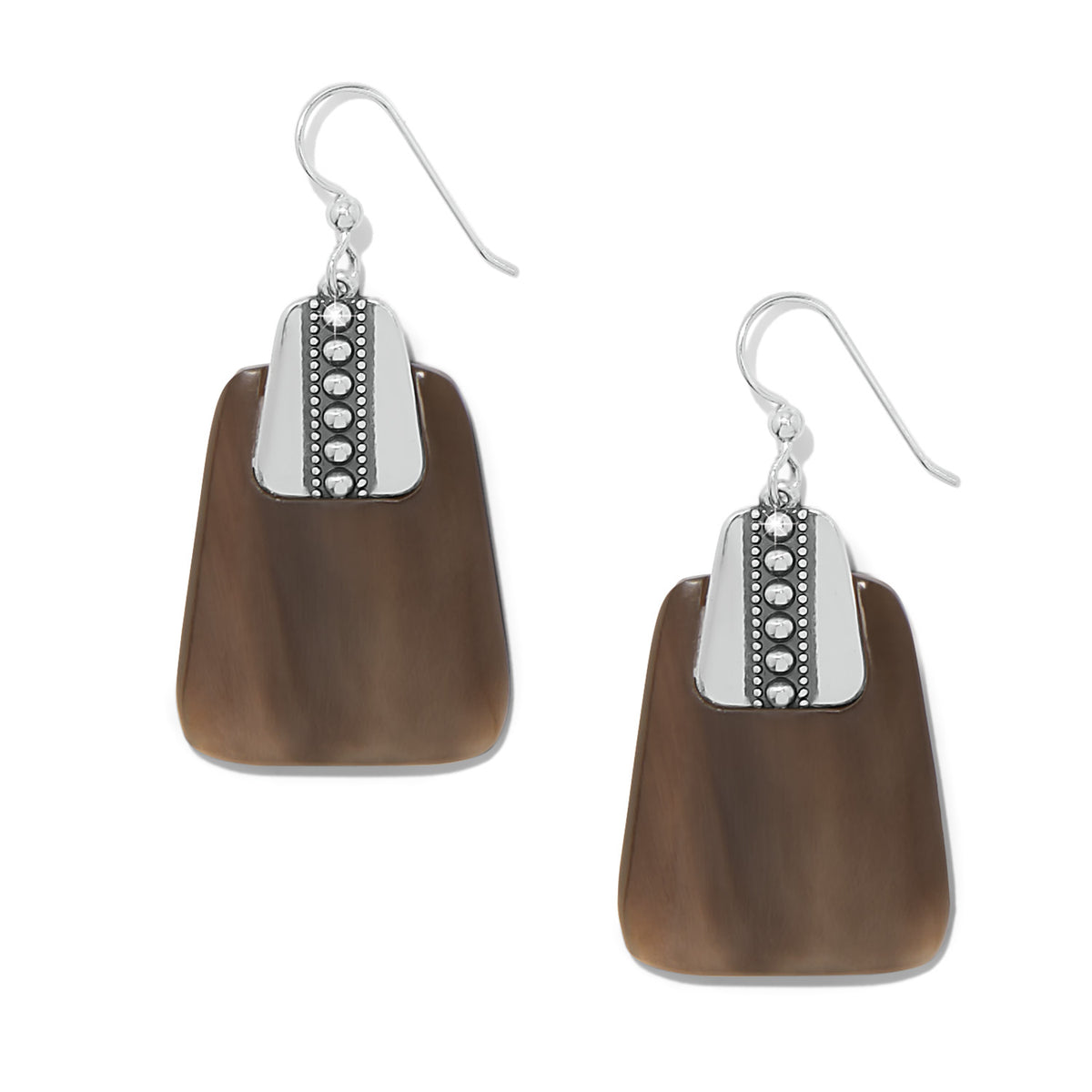Pretty Tough Geo Horn French Wire Earrings featuring brown buffalo horn and silver plated accents.