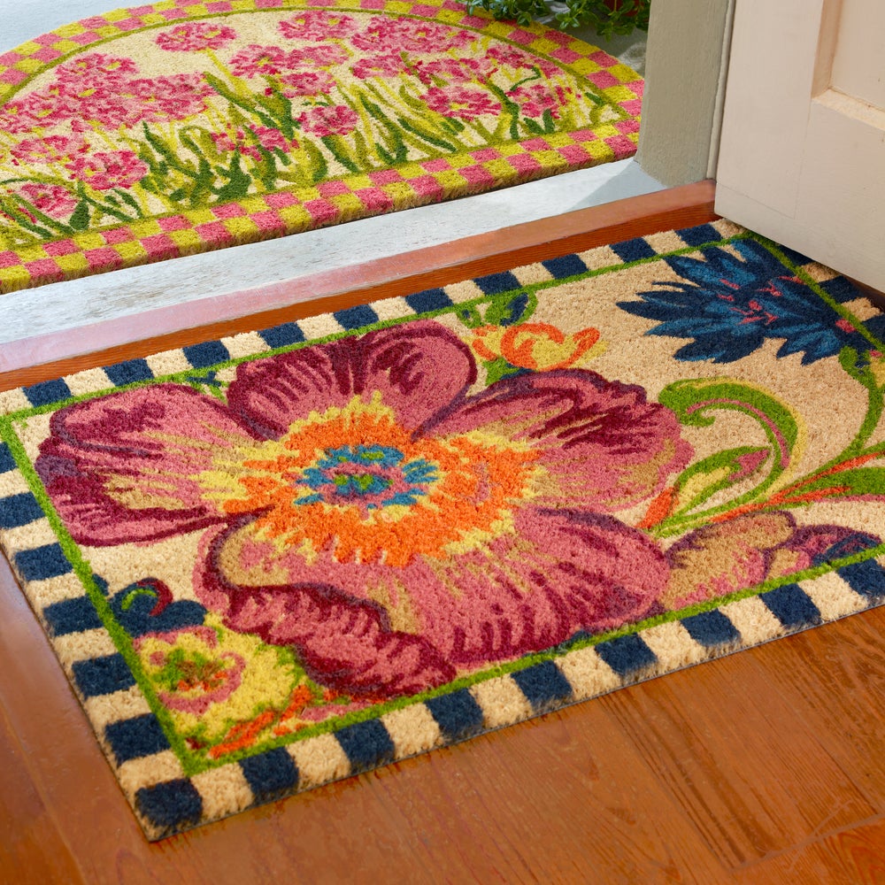 Rectangular Flower Market Entrance Mat with a large pink flower and blue checkered border.