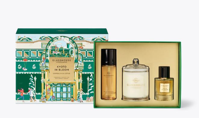 Glasshouse Fragrances Kyoto in Bloom Trio Gift Set with candle, perfume, and hair & body mist.