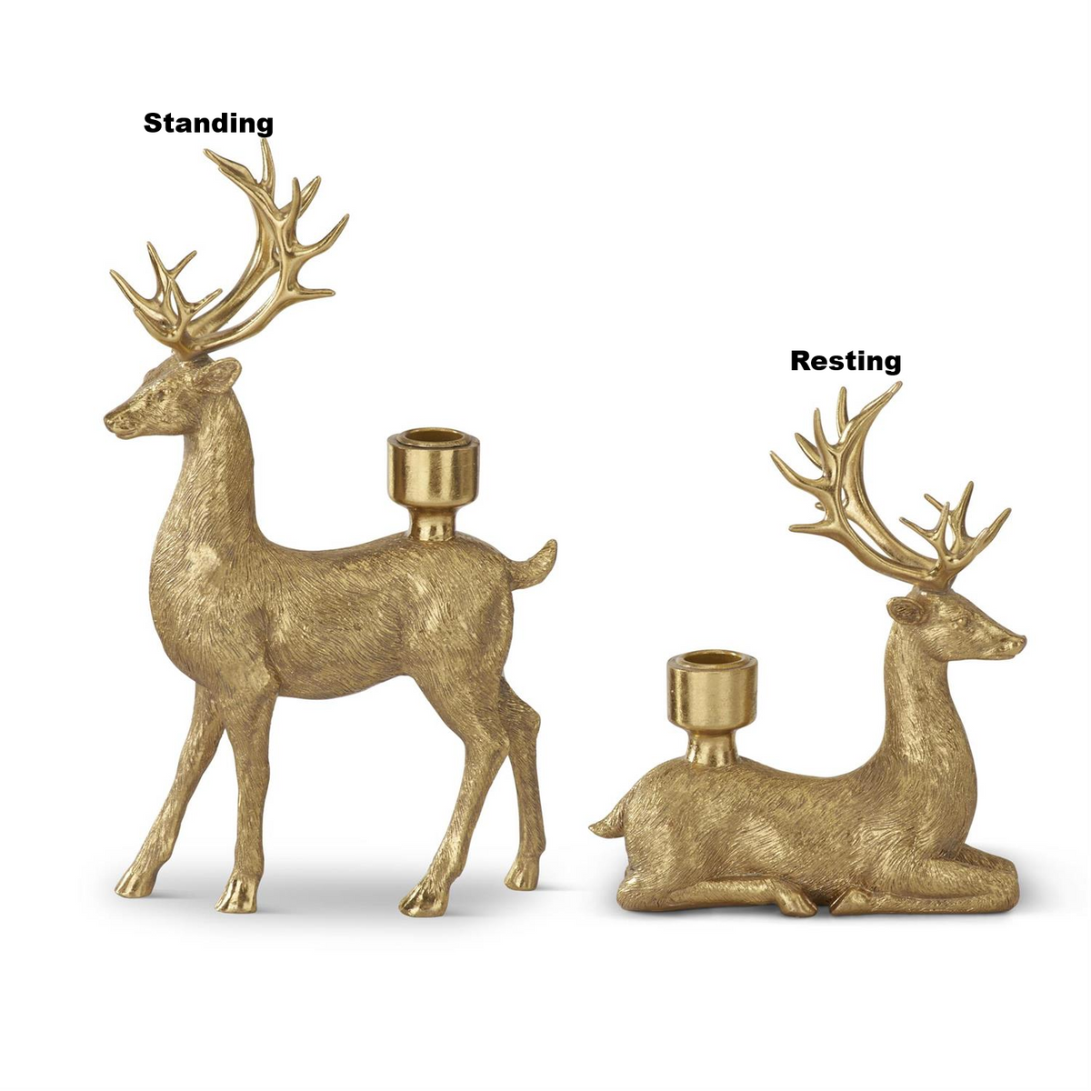 Gold resin deer taper candleholders in standing and resting poses with textured finish.