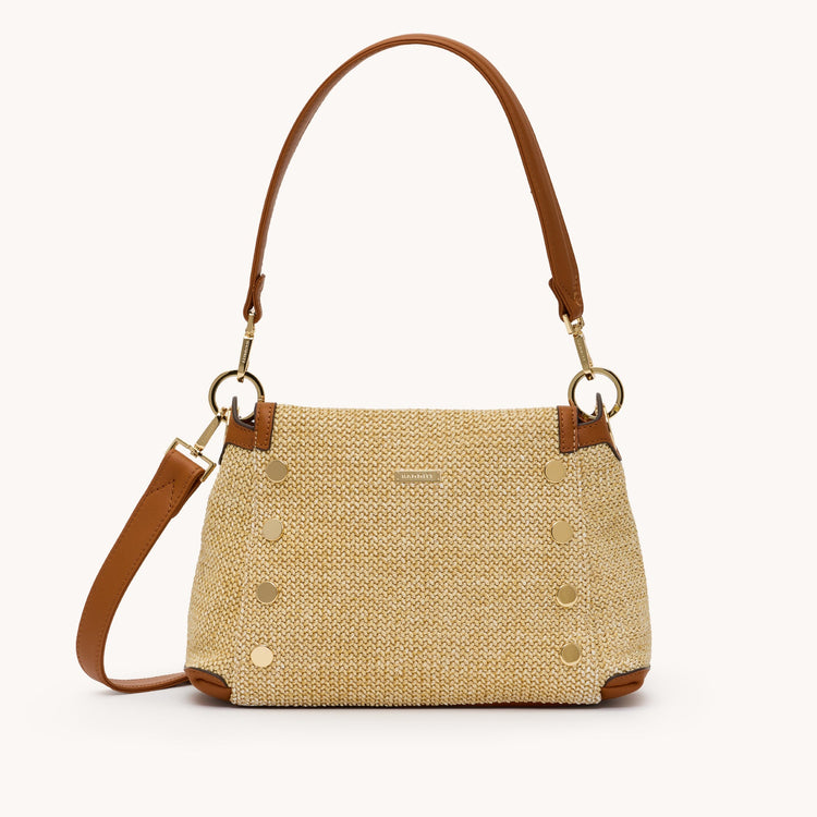 Bryant Med Cocoa Raffia handbag with brown leather straps and gold hardware studs.