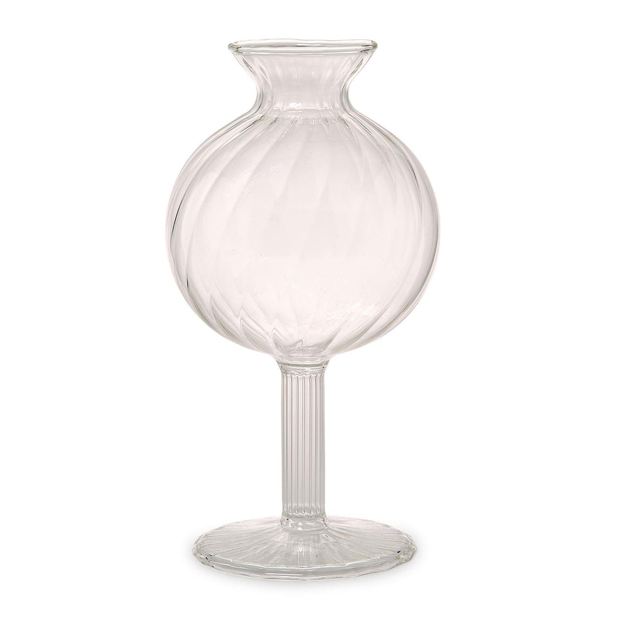 Verre fluted swirl globe vase in hand-blown clear glass with a ribbed stem and base.