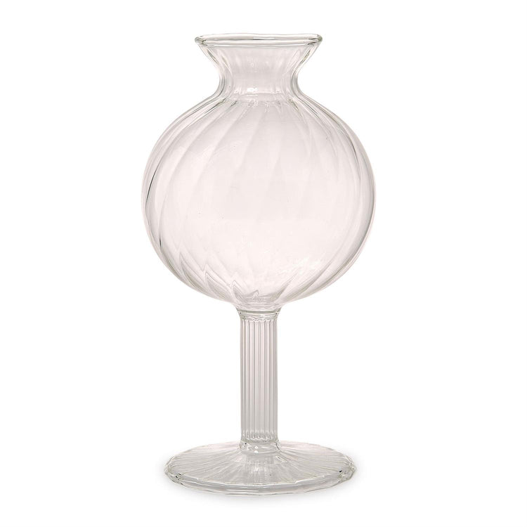 Verre fluted swirl globe vase in hand-blown clear glass with a ribbed stem and base.