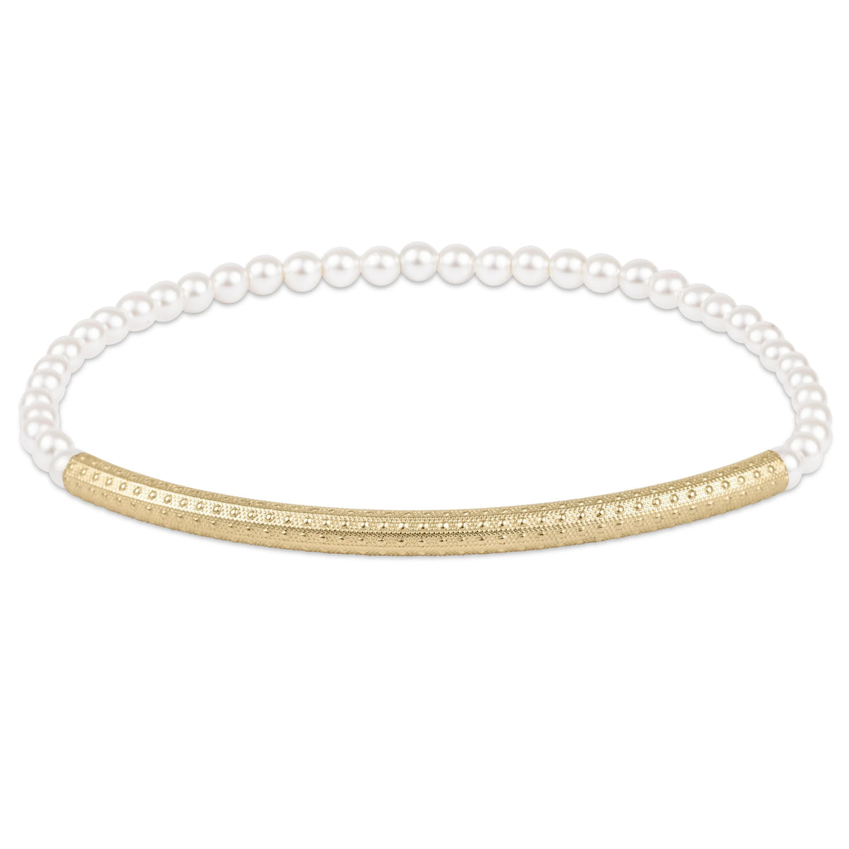 3mm crystal pearl bracelet with textured gold links on stretch elastic