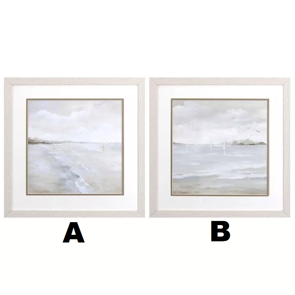 Two framed paintings of sailboats on a calm sea under a cloudy sky.
