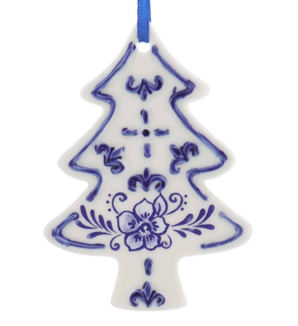 3-inch Delft Blue ceramic ornament with classic white floral pattern on a glossy blue background.