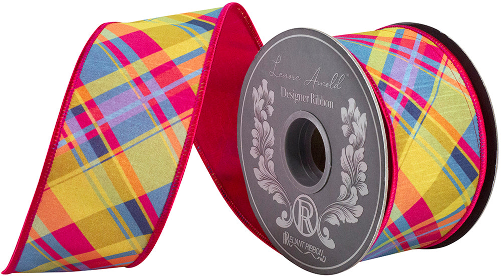 Plaid Florzie Dupioni Deluxe wired edge ribbon in plaid pattern with dupioni texture.