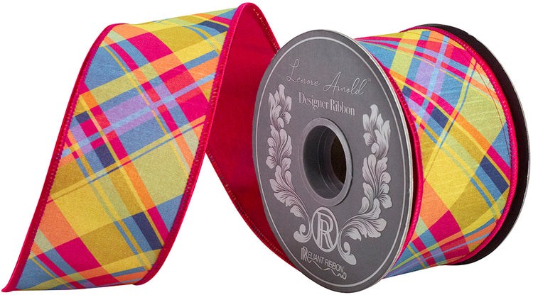 Plaid Florzie Dupioni Deluxe wired edge ribbon in plaid pattern with dupioni texture.