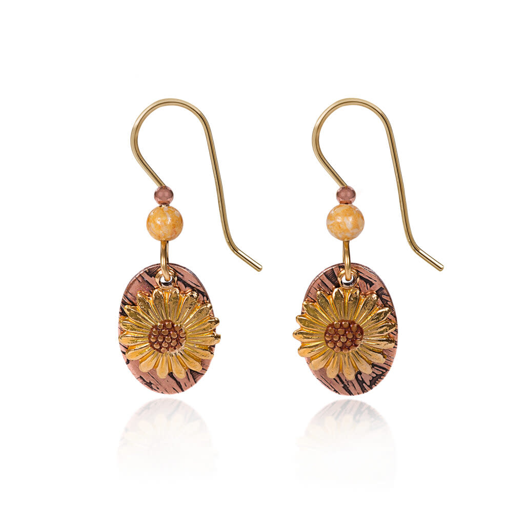 Warm Sunflower Drop Earrings with copper disks, gold-tone flowers, and yellow stone beads.